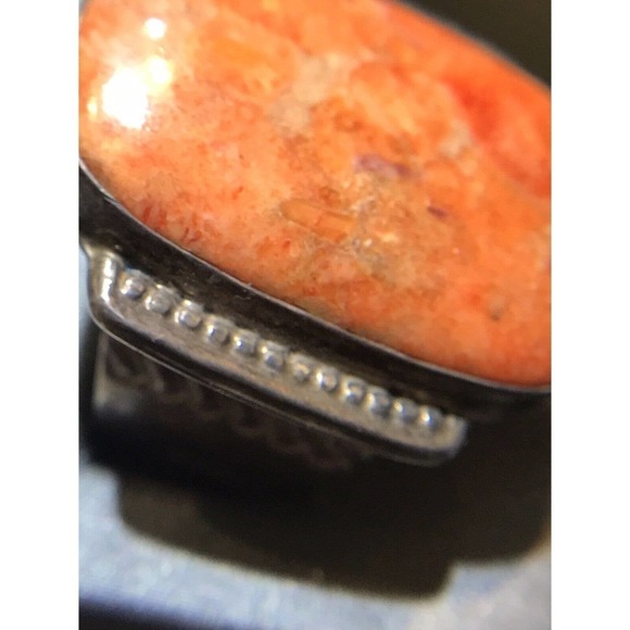 Orange Turquoise/Hematite Ring Sz12 Large Rectangle Stone Silver 925 Gorgeous